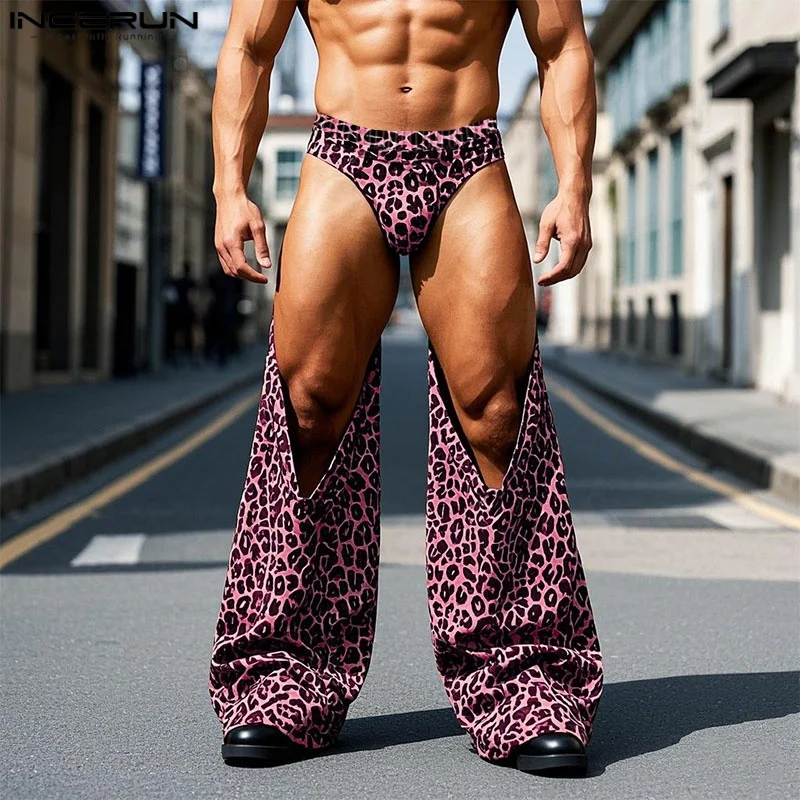 

INCERUN Men Pants Leopard Printing Sexy Hollow Out Wide Leg Trousers Men Streetwear Elastic Waist Oversize Fashion Long Pants