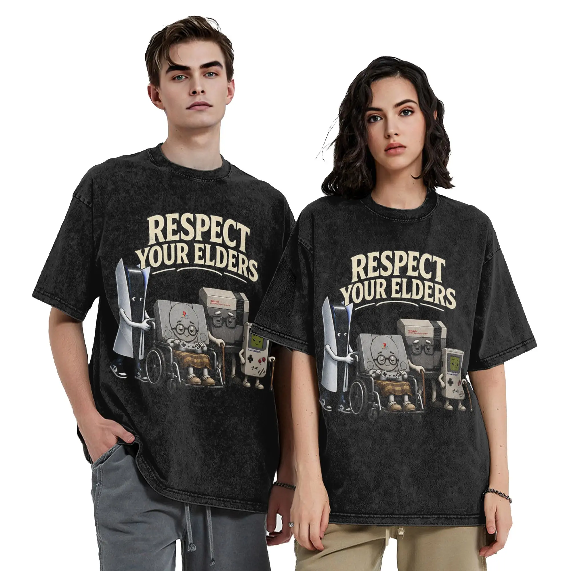 Respect Your Elders Console  Vintage Washed T Shirts Men Women's Cotton Funny T-Shirts O Neck  Tees Short Sleeve Tops Summer