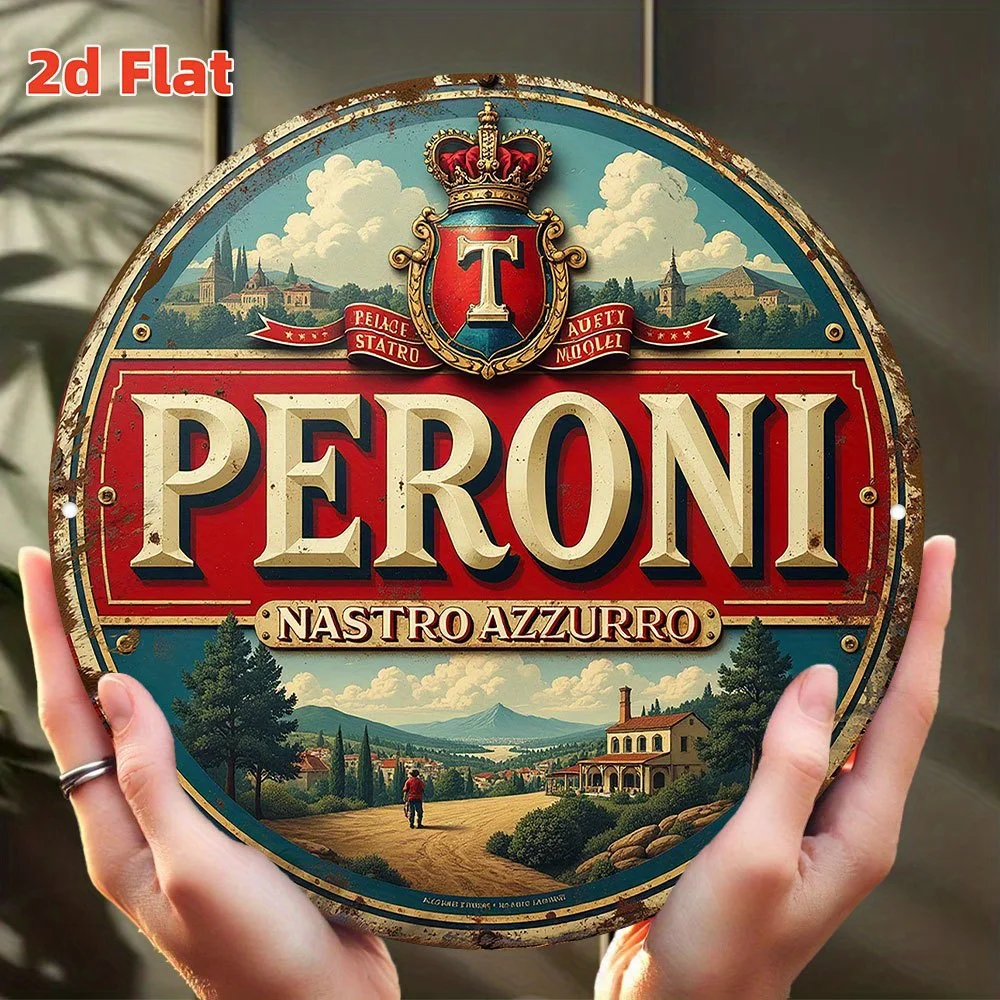 Vintage Peroni Nastro Azzurro Italian Beer Round Tin Sign, Retro Italian Landscape Crown Logo Metal Wall Art, Rustic Beer Brand