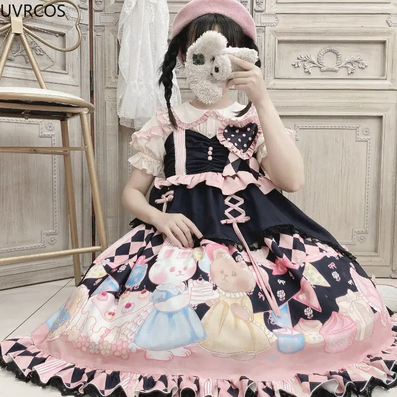 Victorian Gothic Lolita Jsk Dress Women Kawaii Cartoon Bunnry Plaid Print Birthday Party Dresses Girls Sweet Cute Princess Dress