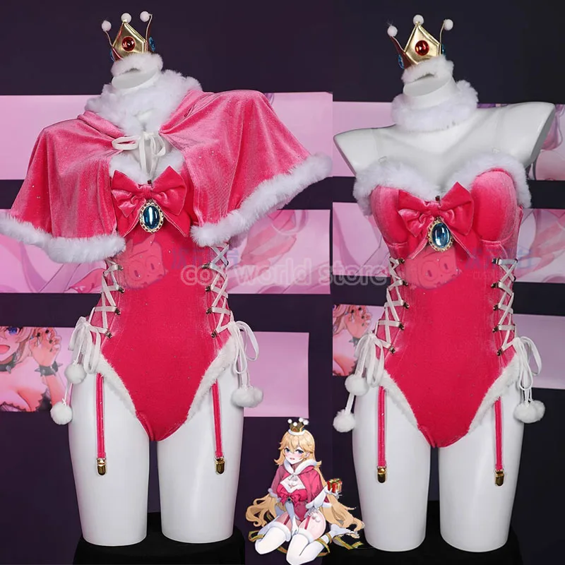 

Game Peach Princess Christmas Cosplay Costume For Adult Women Sexy Bodysuit Cape Crown Suit Sexy lingerie Plush Jumpsuit Uniform