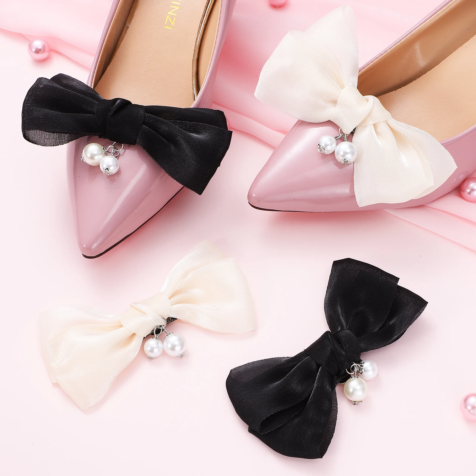 

2 Pairs Shoe Flower Decoration Bows Clips Buckle Pearls Decorative Shoes Accessories Wedding Heels