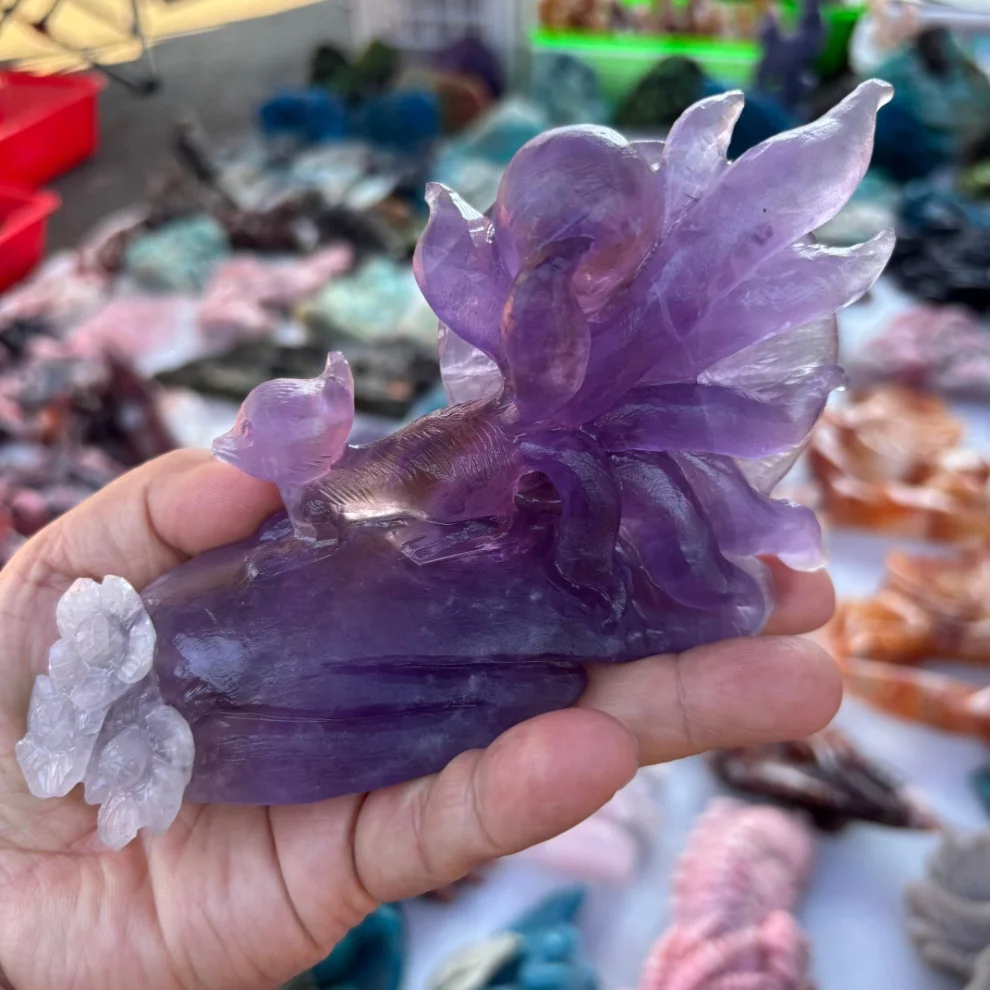 Natural Purple Fluorite Nine-tailed Fox Hand Carved Statue Healing Crystal Gemstone Figurine Home Desktop Decor Collectible Art
