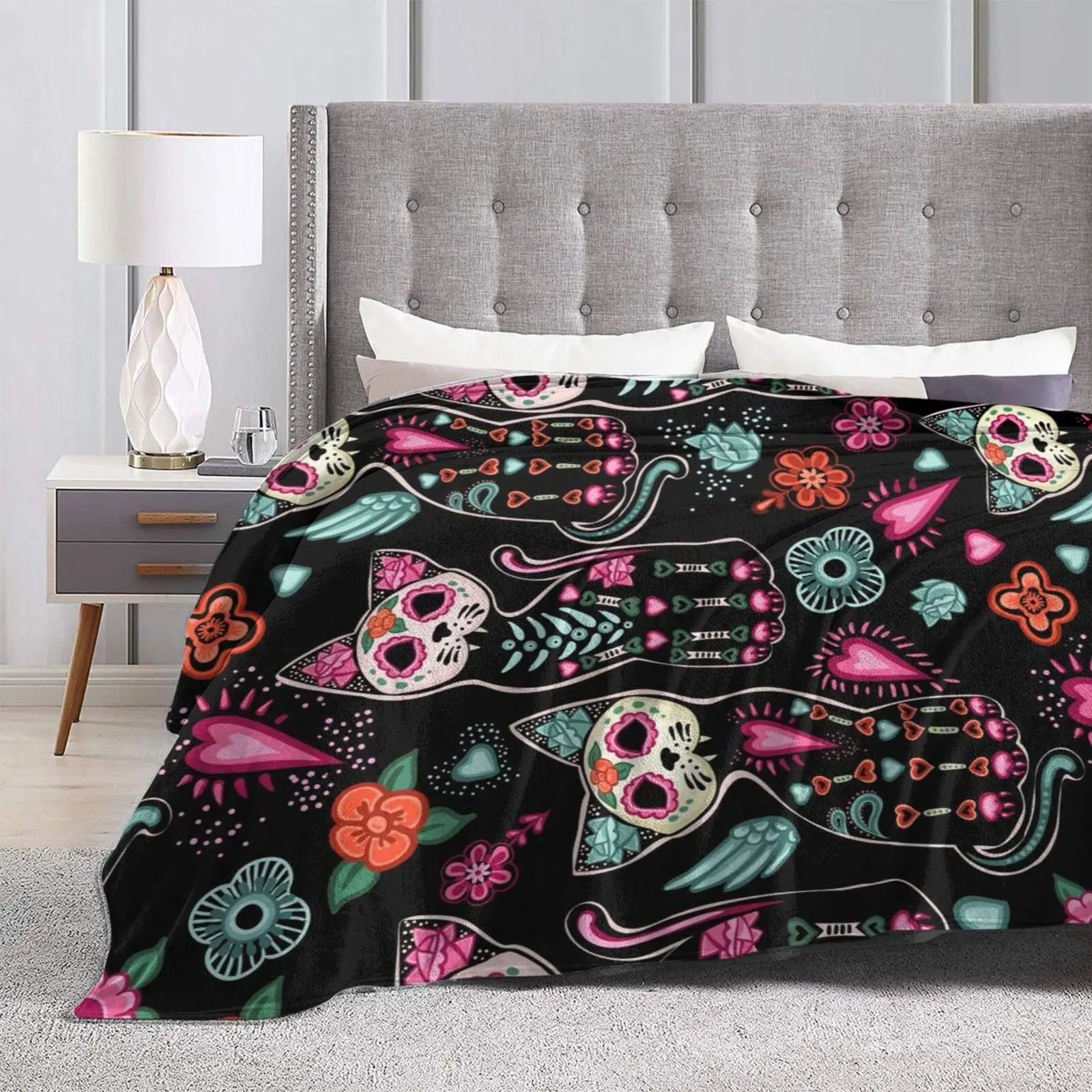 Halloween Blanket Gifts,Day of The Dead Cat Kitten Sugar Skull Throw Blanket Soft Lightweight Flannel Blanket for Bed Sofa Couch