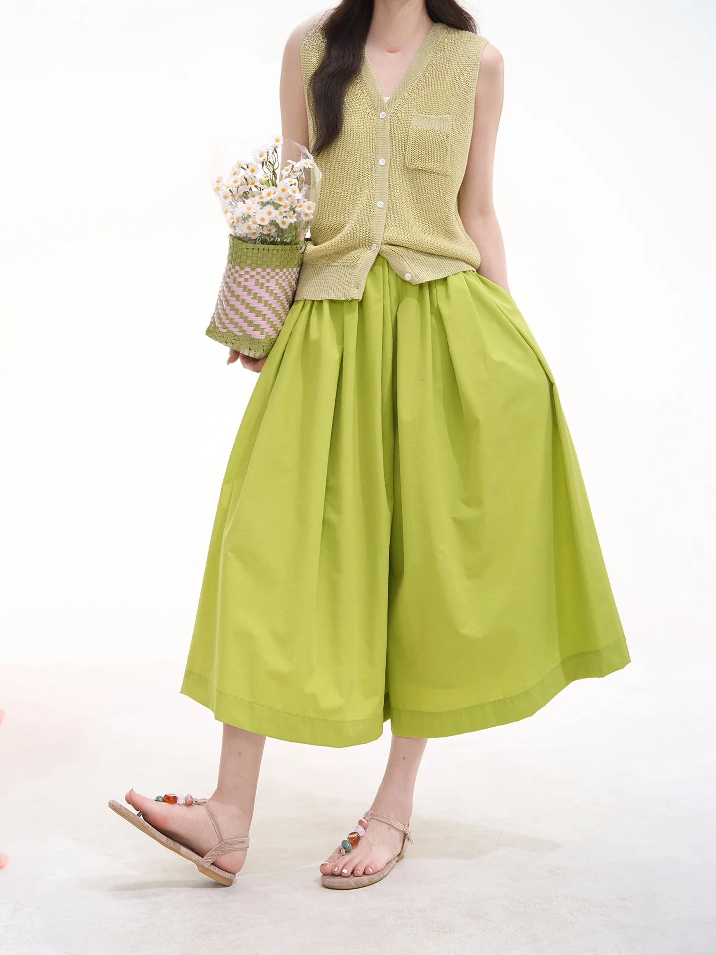 Korean Style Sweet Heart Candy Loose Waist Pleated Nine Points Wide Leg Pants Skirt Casual Pants Summer Cotton Blend