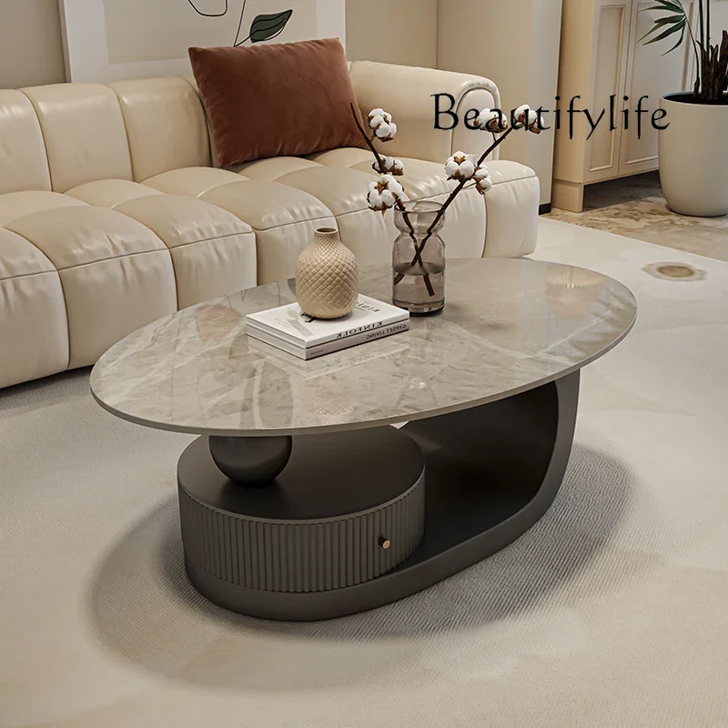 Black high-end light luxury rock slab oval coffee table small apartment modern simple, minimalist living room