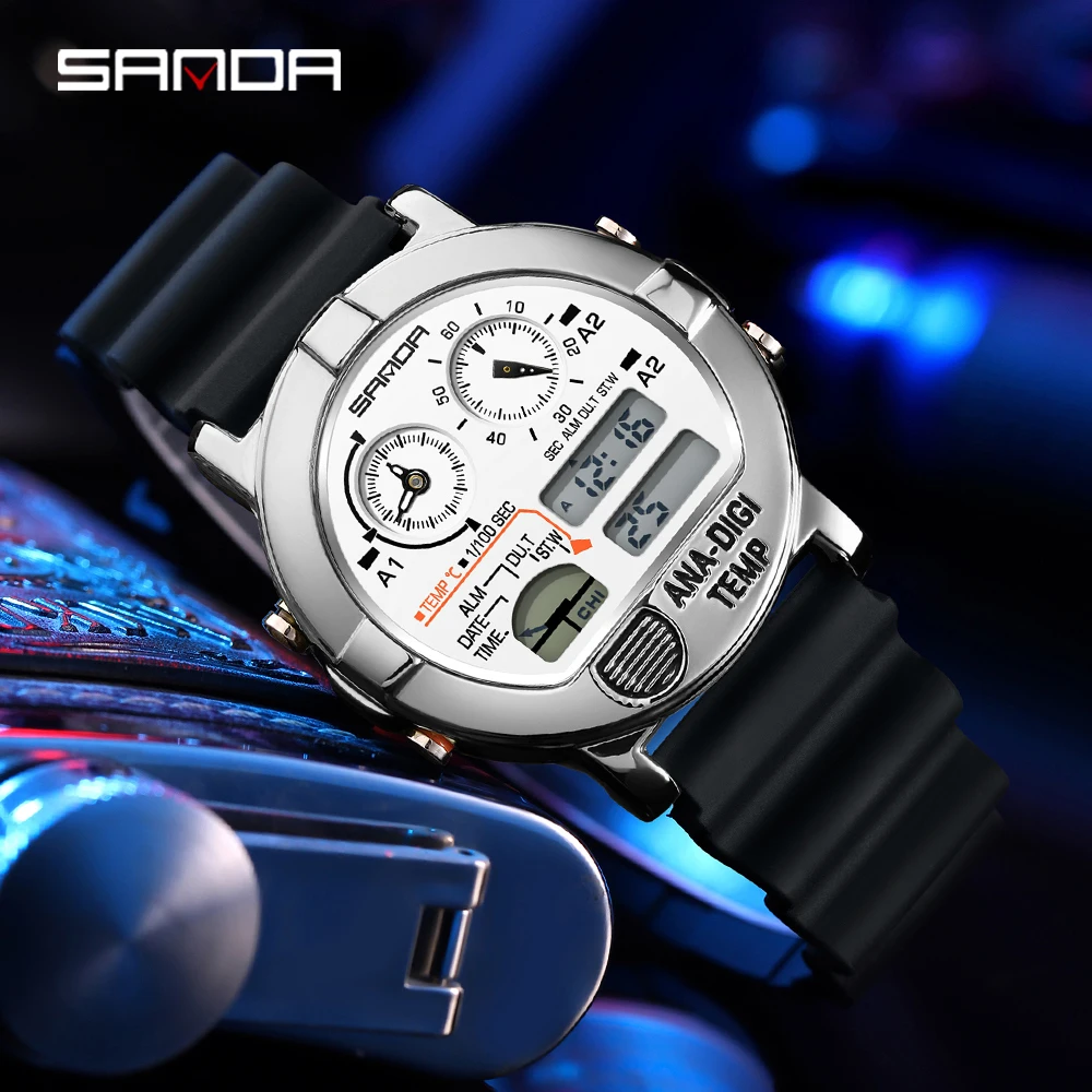 SANDA 3371 Three Times Chronograph Hot-selling LED Electronic Square Men's Youth Casual Temperature Multifunctional Men’s Watch
