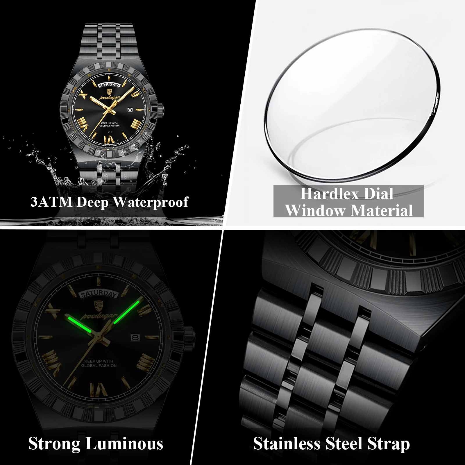 Poedagar esportes masculino relógio de pulso semana data aço inoxidável casual homem relógio luminoso à prova dwaterproof água quartzo moda relógios masculinos reloj
