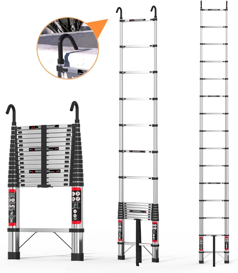 Telescoping Ladder, 14.4ft Stainless Steel Extension Ladder with 2 Hooks,Anti-Slip Rubber Feet Portable Heavy Duty Ladder 330lbs