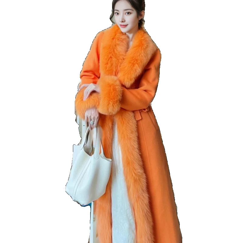 Faux Fox Fur Collar Thickened Woolen Coat Female 2023 Fall Winter Fashion Temperament Wild Long Trench Coat for Women