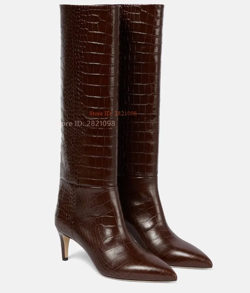 Low Heeled Croc-Effect Leather Knee High Boots Women Comfortable Pointed Toe High Heel Long Boot