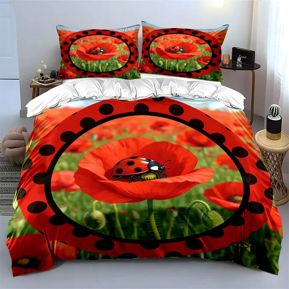 Ladybug Poppy Themed Decor Set Soft Comfortable Duvet Cover Bedding Set Included 1*Duvet Cover & 2*Pillowcases, gift