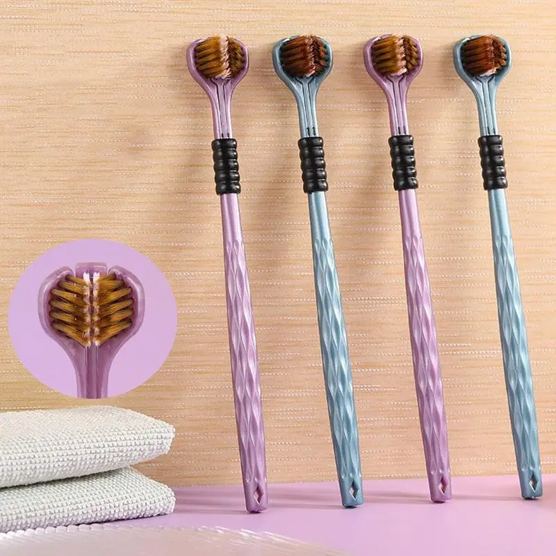 

2pcs 3D Stereo Three-Sided Toothbrush Ultra Fine Soft Hair Adult Toothbrushes Tongue Scraper Oral Care 360° Cleaning Teeth Brush