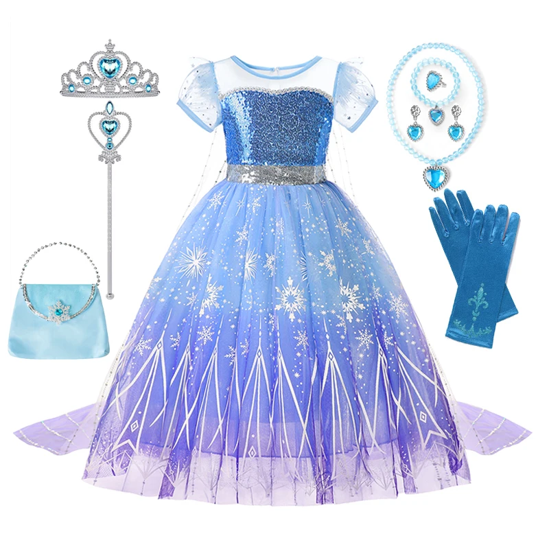 Girls Elsa Cosplay Princess Costume Frozen Role Play Dress Up Fancy Frocks Party Gown Sequin Mesh Vestidos Girls Birthday Dress