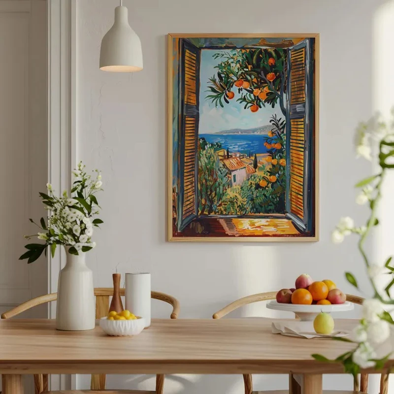 Open Window Henri Matisse Print, Henri Matisse Style Fauvism Painting,Mediterranean Sea,Orange Tree,Coastal View Canvas Poster