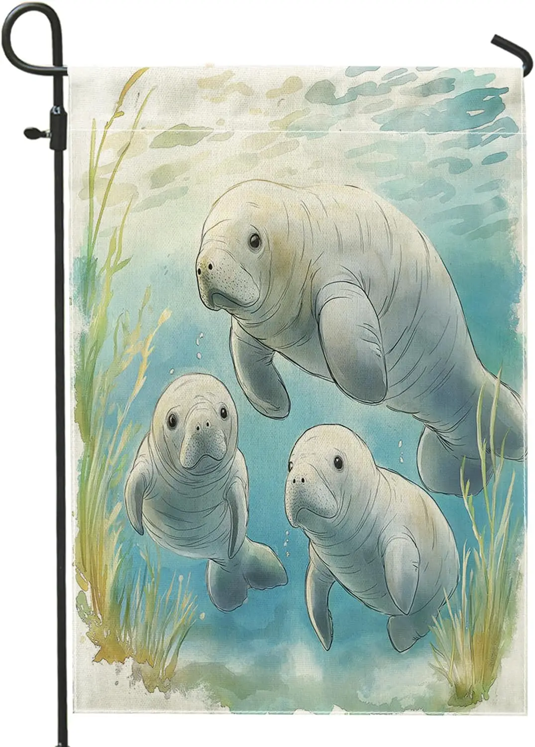 Banderas de jardín con diseño de manatí en acuarela primaveral de 12x18 pulgadas para exteriores, banderas verticales estándar de lino con diseño de vida marina de verano para casa, LLO