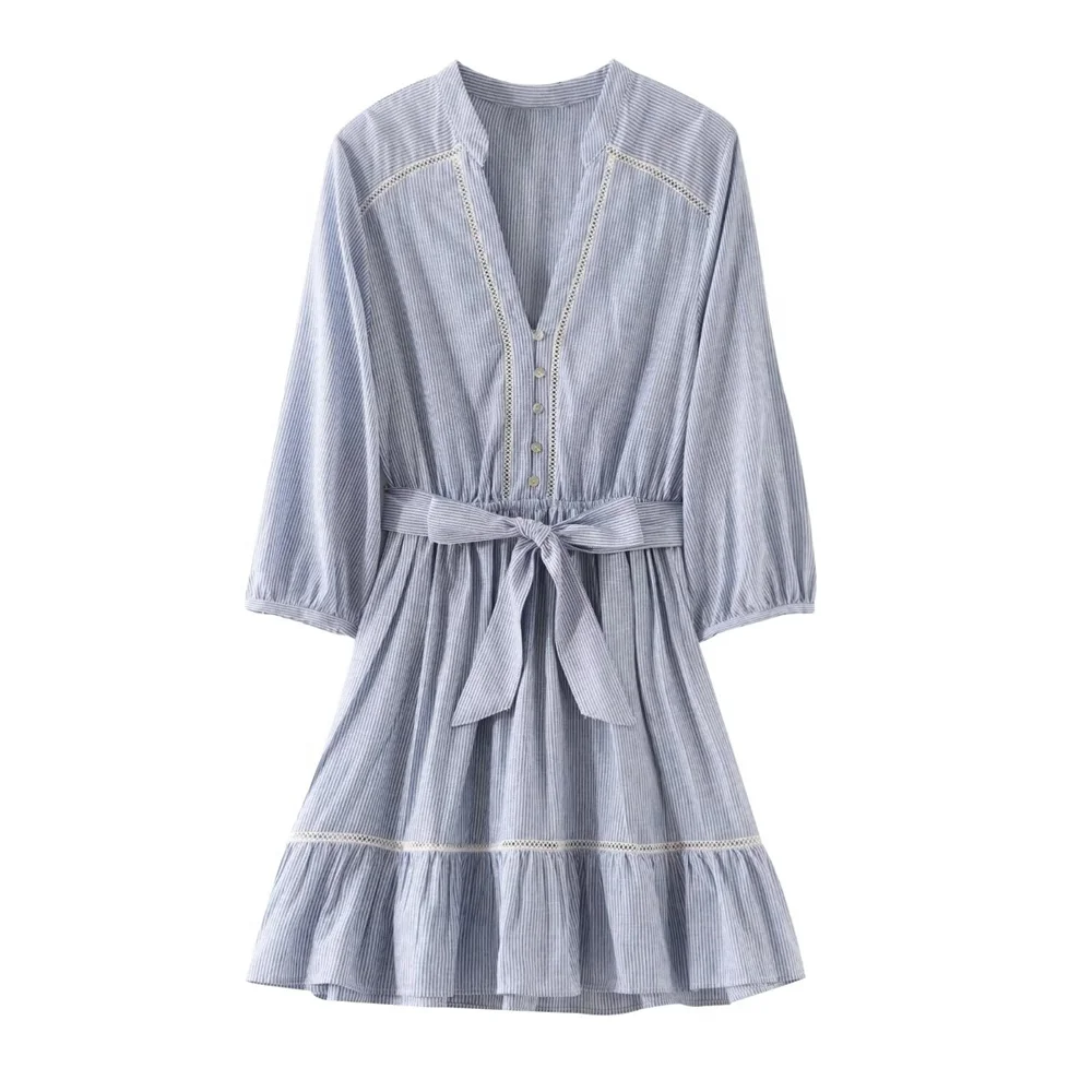 2024ZAR Summer New Women\'s European and American Long sleeved V-neck Linen Blended Vertical Lace Striped Mini Dress