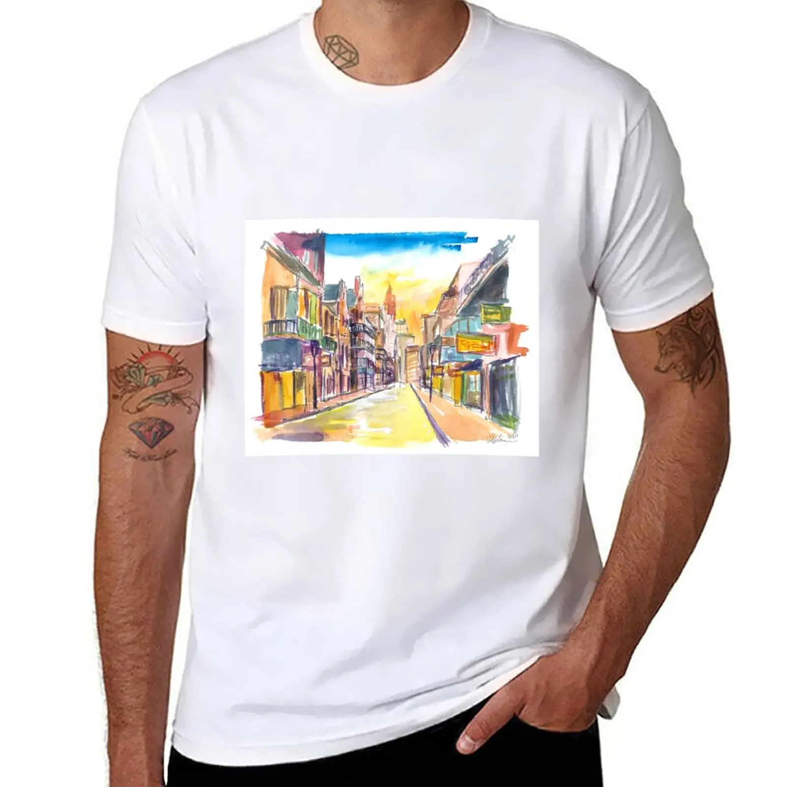 New Orleans Bourbon Street Scene at Sunrise T-Shirt boys whites Short sleeve tee quick drying graphics men clothings