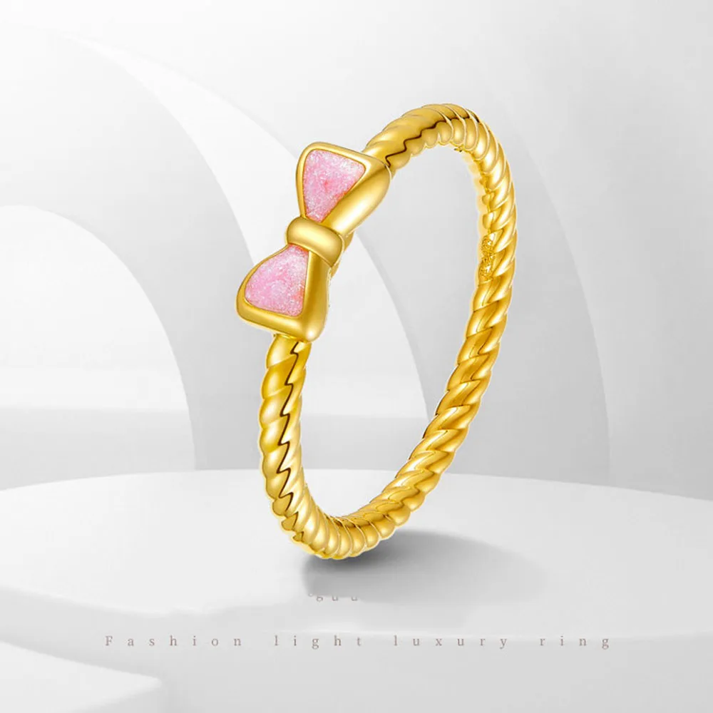 1PCS Pure 999 24K Yellow Gold Ring Women Pink Paint Bow-knot Rope Band 5D Hard Gold Rings Size US 5-9