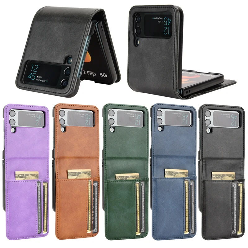 Card Holder Wallet Leather Case for Samsung Galaxy Z Flip 3 Flip4 5G Flip 4 Flip3 Anti-Slip Matte Feeling Plain Phone Cover
