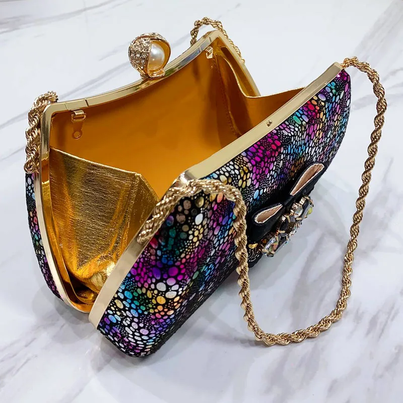 

Elegant Banquet Exquisite 2024 New Fashion Party Design Ladies Bowtie Rhinestone Embellished Black Small Clutch Bag Chain Bag