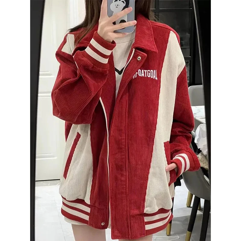 MEXZT Harajuku Baseball Jacket Women Corduroy Patchwork Bomber Jackets Streetwear Oversized Striped Outerwear Vintage Coats New