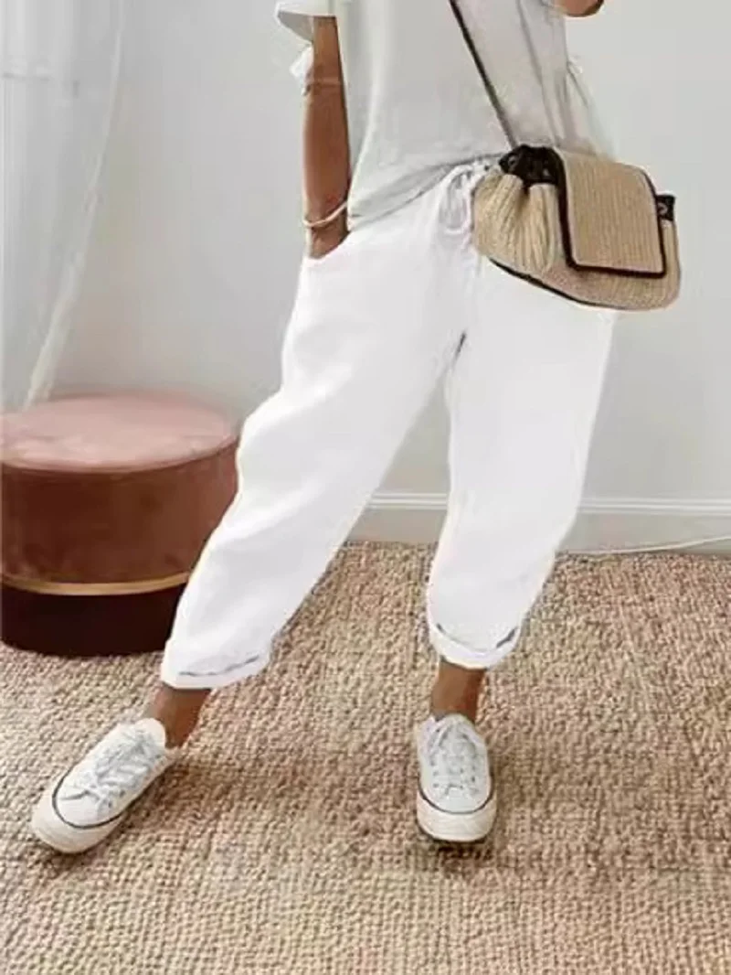 AliExpress's New Fashionable Cotton and Linen Elastic Waist Cropped Casual Pants for Women