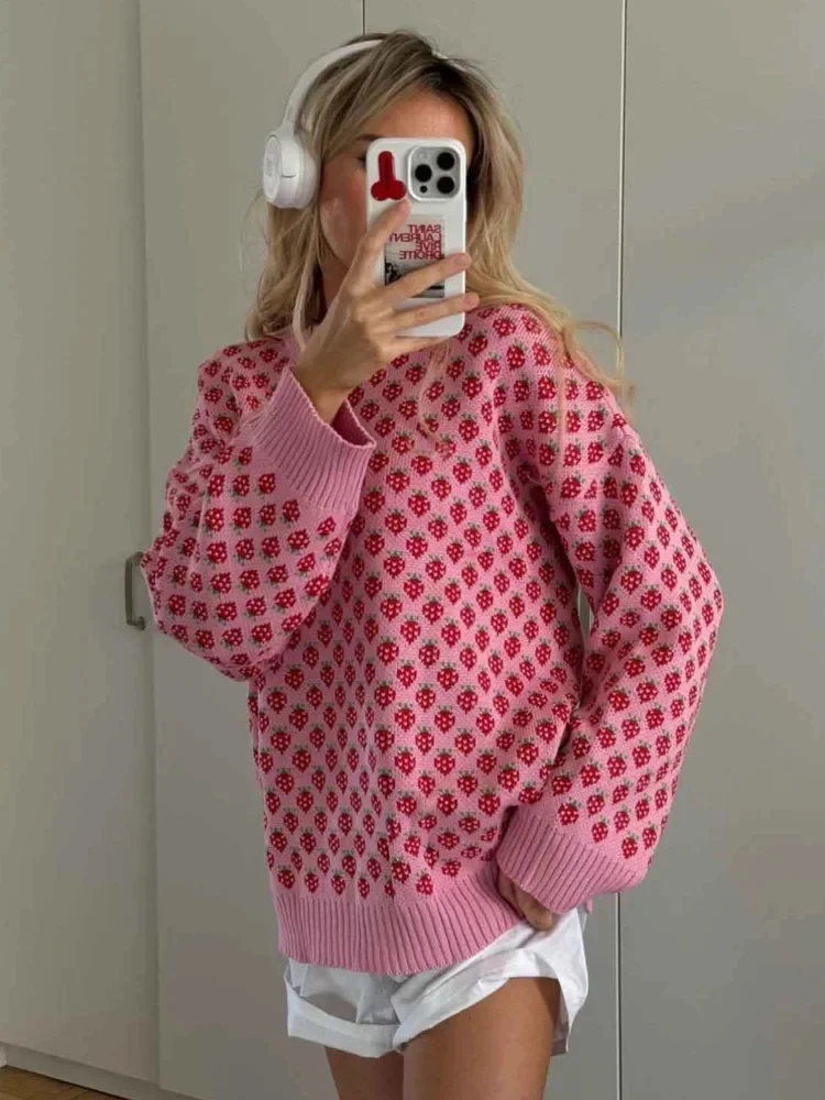 Strawberry Printed Knitted Pullover Tops Women Chic O Neck Long Sleeves Warm Loose Sweater Autumn Lady Commuting Street Jumpers