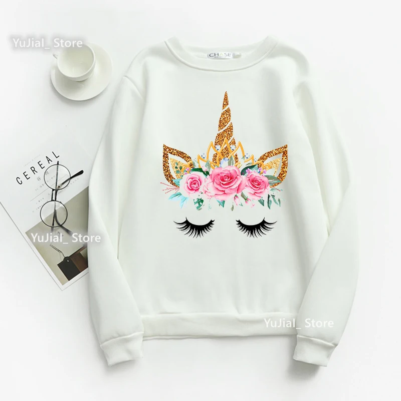 Golden Unicorn Print Sweatshirt Women'S Clothing Crown Pink Flowers Hoodies Femme Harajuku Kawaii Coat Long-Sleeved Tracksuit