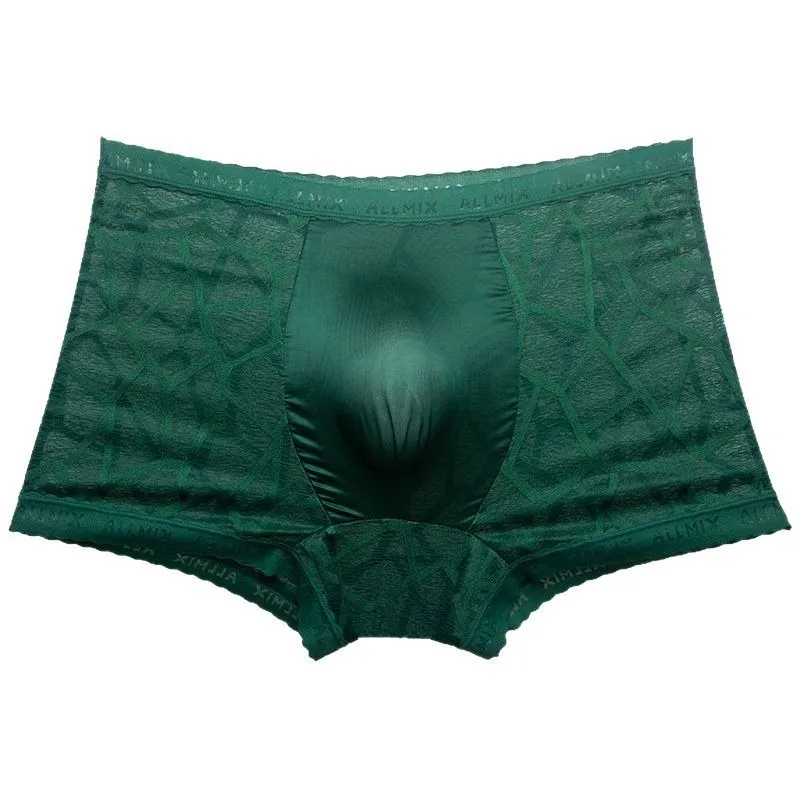 Men's underwear 3D convex capsule sexy letters semi-transparent ice lace thin section four corner boxer shorts