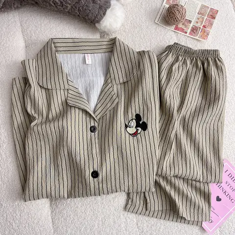 Mickey Mouse Strip Print Woman's Pajamas Set Autumn Winter Household Clothes Sweet Cute Pajamas Cartoon Student Homewear Korean