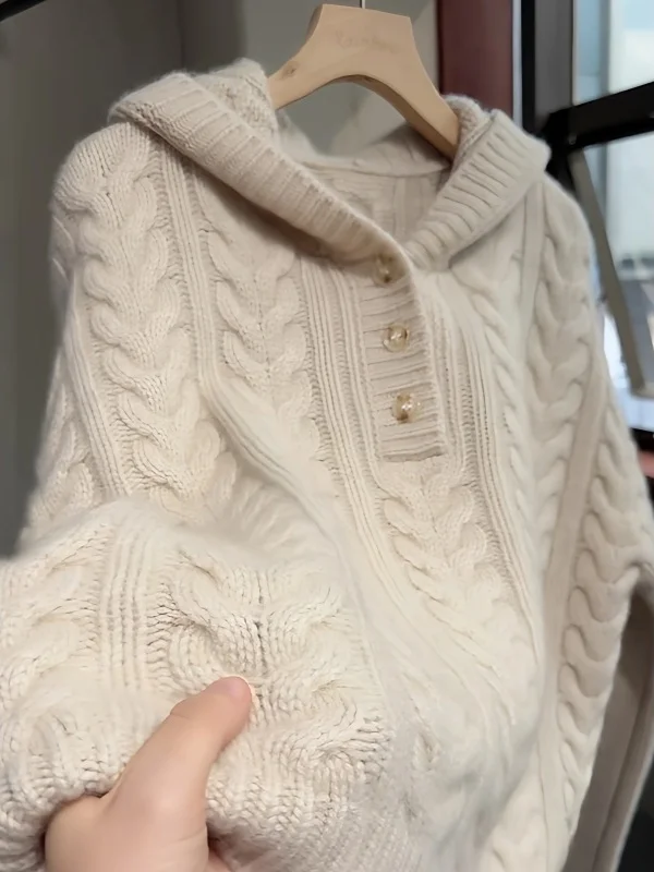 เสื้อสเวตเตอร์ถักไหมพรมสีขาวมีฮู้ด แขนยาว สำหรับผู้หญิง สวมใส่สบาย ลายบิดเกลียว ดีไซน์ดอกไม้ สำหรับฤดูหนาว สไตล์เกาหลี นุ่มละมุน สไตล์เกาหลี...