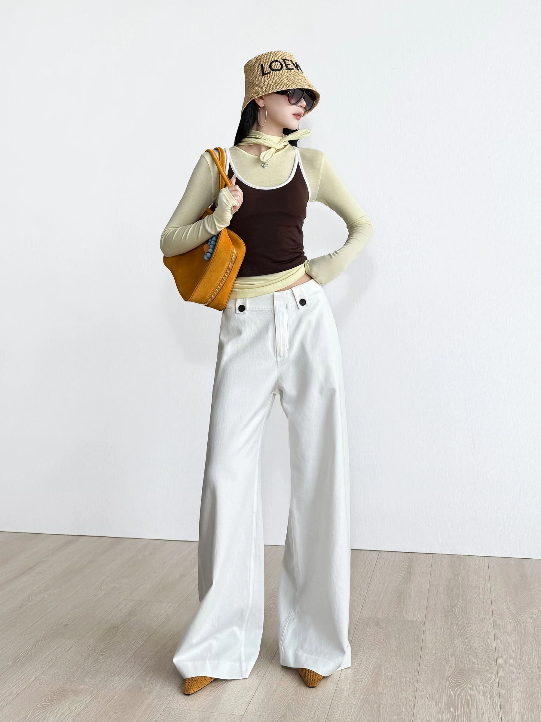 

NancyCavally Ultra Soft Cotton Straight Leg Pants Slim Fit High Waist Hip Lifting Casual Trousers Street Style Pure Color