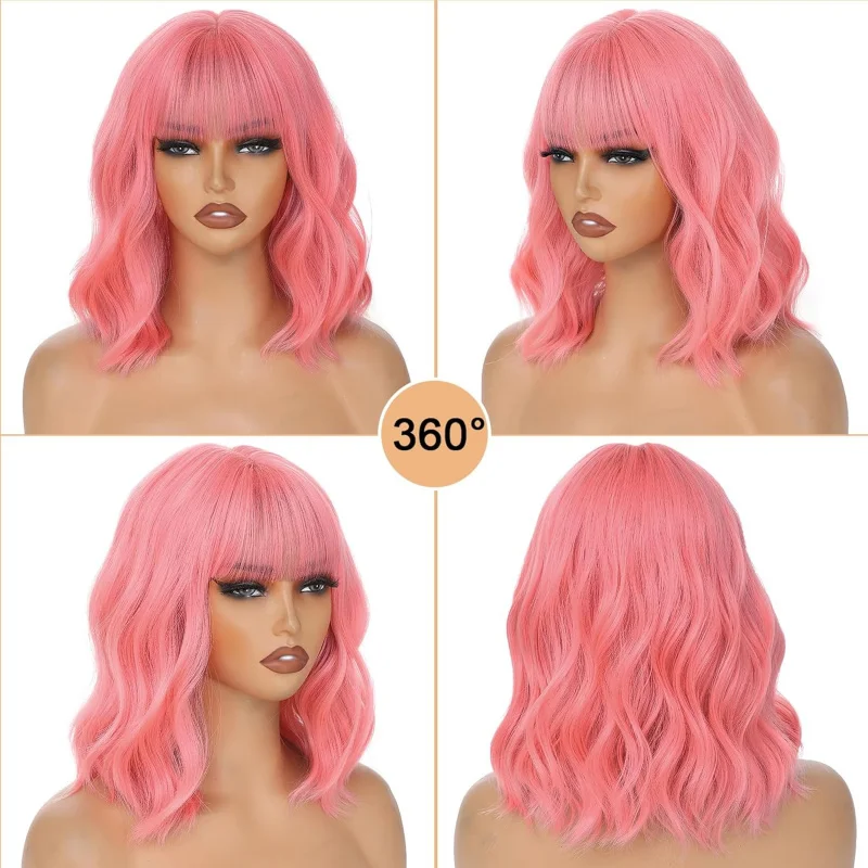 AGO Parrucca Bob ondulata rosa lunga fino alle spalle con frangia Capelli sintetici per le donne Festa quotidiana Cosplay Fibra resistente al calore