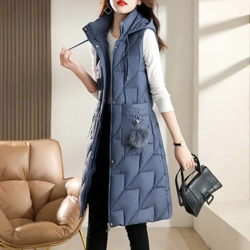 New Fashion Vest Women Sleeveless Jacket Autumn Winter Parkas Hooded Mid-Length Thick Warm Waistcoat Female Loose Outerwear W565