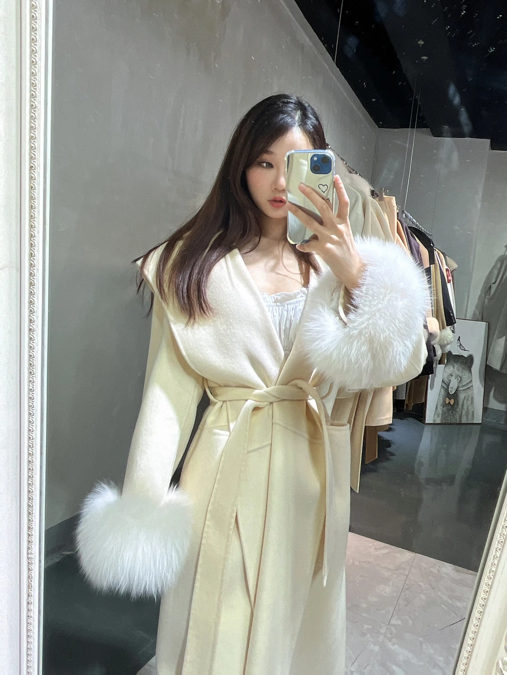 

Hot Sales New Women 100% Wool Cashmere Fox Fur Cuff Mid-length Long-Sleeved Jacket Bathrobe Style High-End Woolen Overcoat