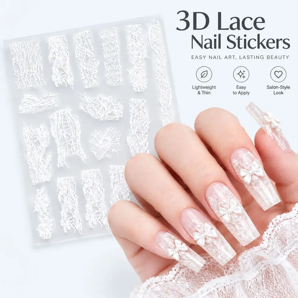 Romantic White Floral Lace Nail Decals 5D Embossed Self Adhesive Stickers Date Night Elegant Nail Art Decor for Wedding Party