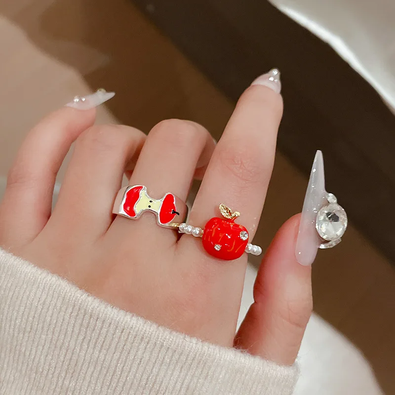 Minar Kawail Multiple Red Enamel CZ Zircon Faux Pearl Apple Fruit Adjustable Open Cocktail Ring for Women 14K Gold Plated Copper