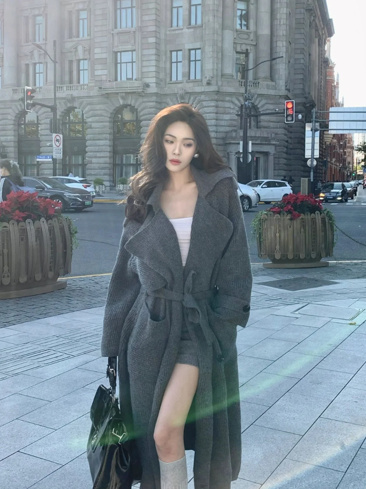 

Ele Long Knitted Cardigan Women's Loose Lazy Sle Autumn 2024 New Design Double Breasted Suit Collar Open Cardigan
