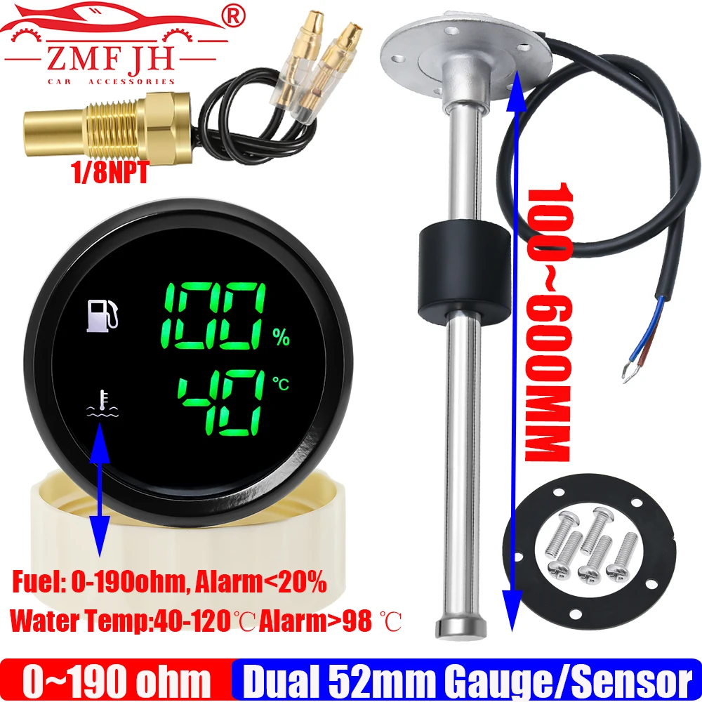 

ZMFJH Digital 0-100% Fuel Gauge+Water Temperature 40-120℃ with Alarm Green Light 52MM Dual Gauge 0-190ohm Fuel Level Sensor