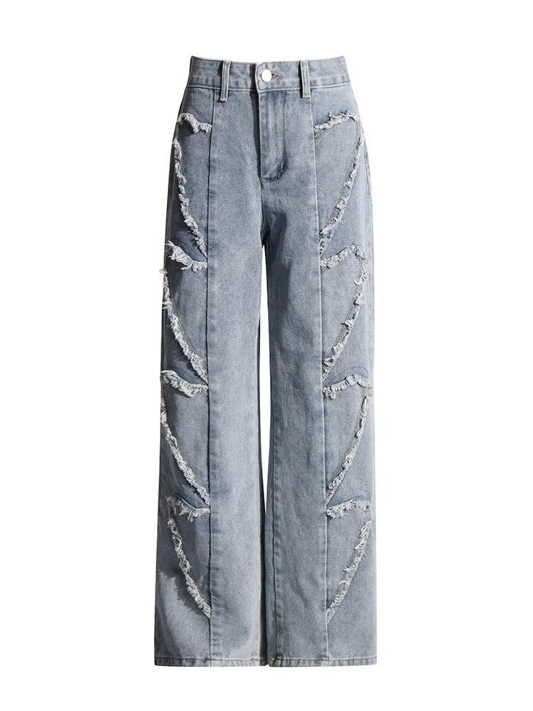 VGH Casual Patchwork Fringed Jeans For Women High Waist Spliced Pockets Minimalist Loose Straight Denim Trousers Female Style