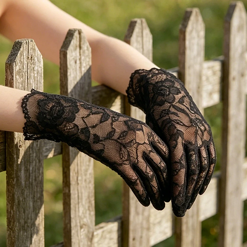 25CM Women Lace Short Gloves Elegant Sheer Mesh Vintage Style for Wedding Bridal Tea Party Prom Cosplay Lolita Princess Sweety