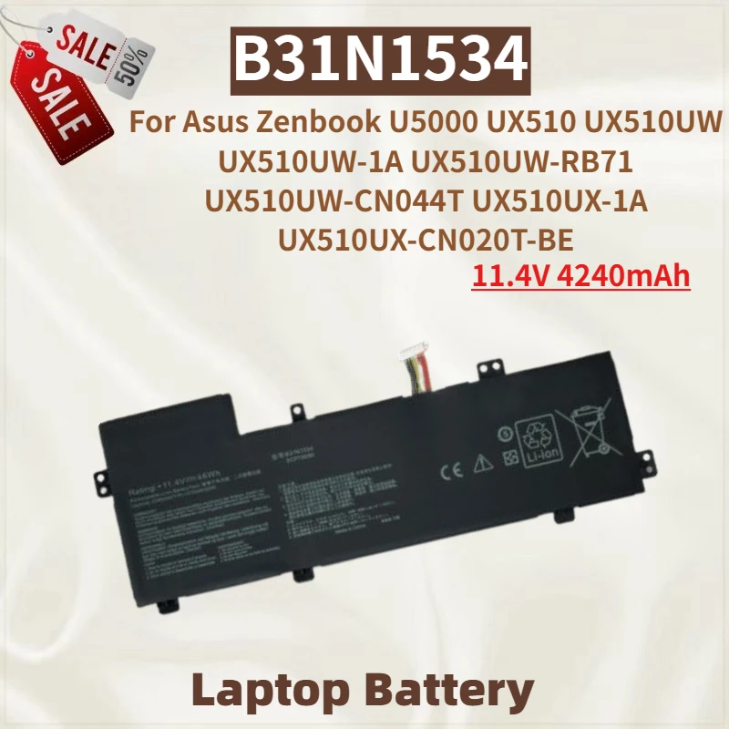 

High Quality B31N1534 Laptop Battery 11.4V 4240mAh for Asus Zenbook UX510UW U5000 UX510 UX510UW-1A UX510UW-RB71 Brand New