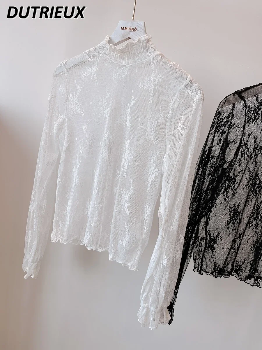 All-Match Elastic Stand Collar Shirt Beautiful Flared Sleeves Blouse Solid Color Lace Undershirt Spring Autumn Sweet Girls Tops