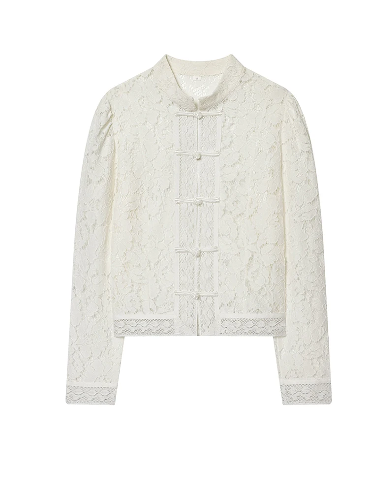 Chemisier Jacquard ajouré à manches longues pour femmes, chemise à col Mandarin, hauts à boutons grenouille