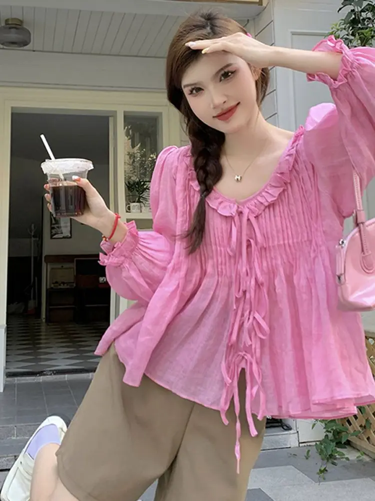 Lantern Sleeve Shirt with Women's French Ruffle Edge Design Lace Up Loose Seven Quarter Sleeve Top