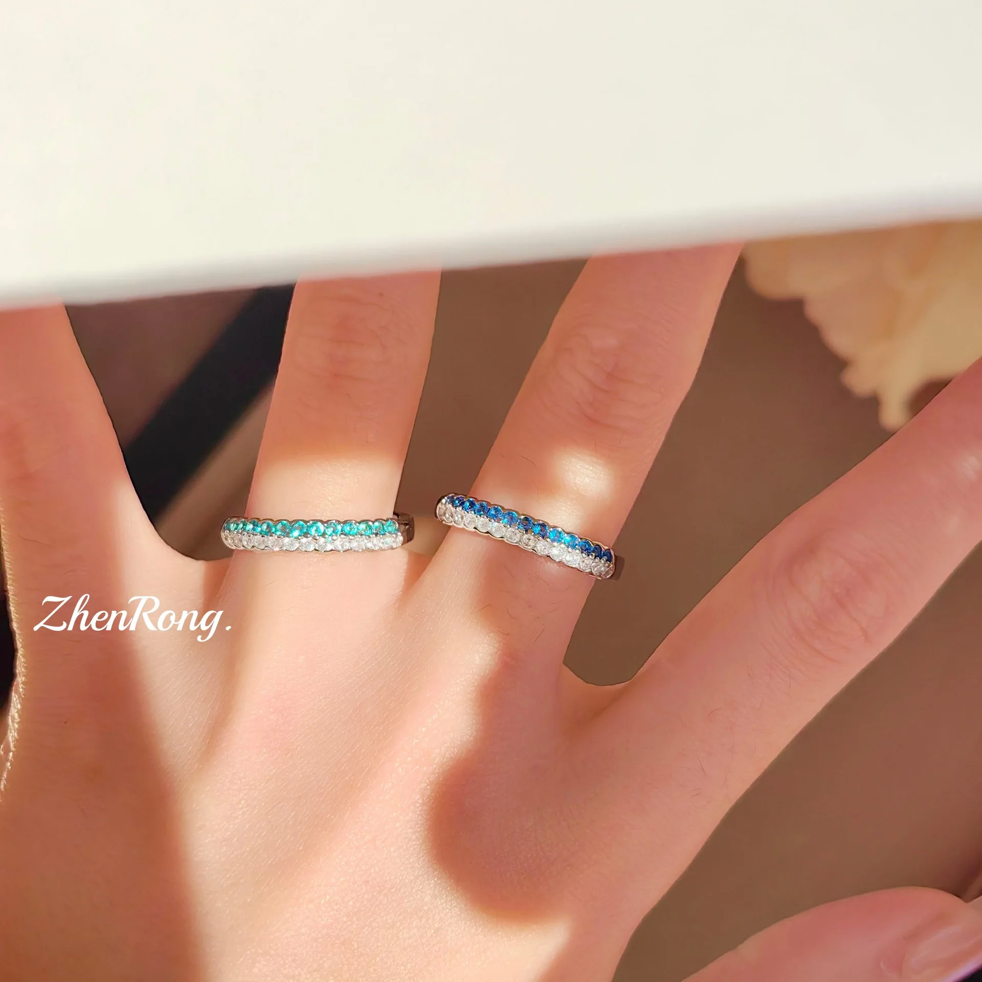 Fashionable Simple And Versatile 925 Sterling Silver Double Row Diamond Contrasting Ring With Exquisite Stacked Sea Blue Diamond