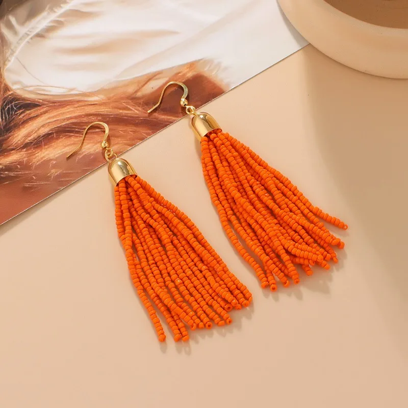 European and American Retro Ethnic Style Handmade Beaded Earrings Feminine and Versatile Bohemian Colorful Tassel Bead Jewelry