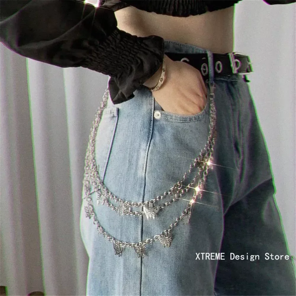 Punk Street Vlinder Riem Taille Ketting Mannen Vrouwen Broek Ketting Multi Layer Hiphop Haak Broek Sleutelhanger Tas Accessoires