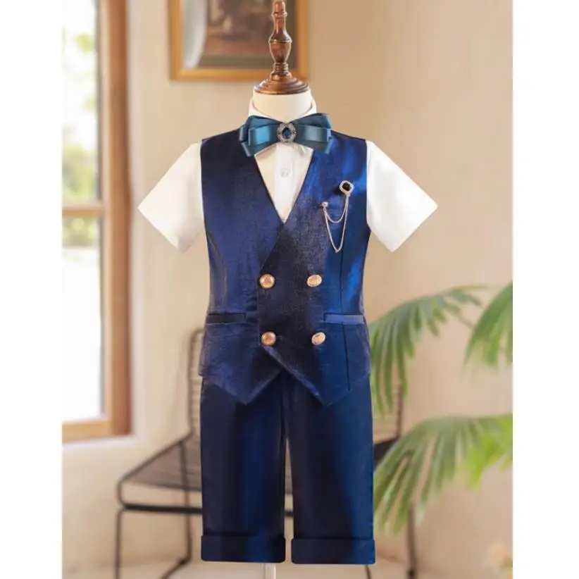 

5PCS Boys' Blazer Sets Summer Short Sleeved Vest New Children's Host Runway Piano Performance Wedding Party Blazer Suits A3968